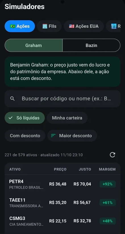 Tabela de preço justo de Graham com margem de segurança