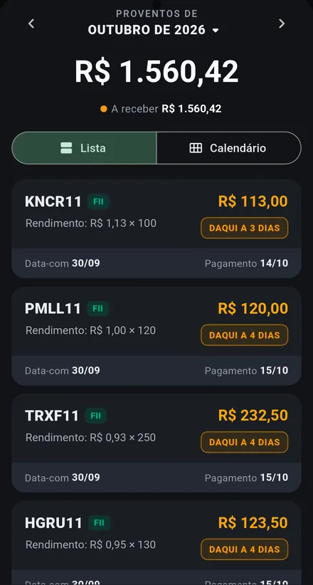 Calendário de proventos do mês com valores a receber por ativo